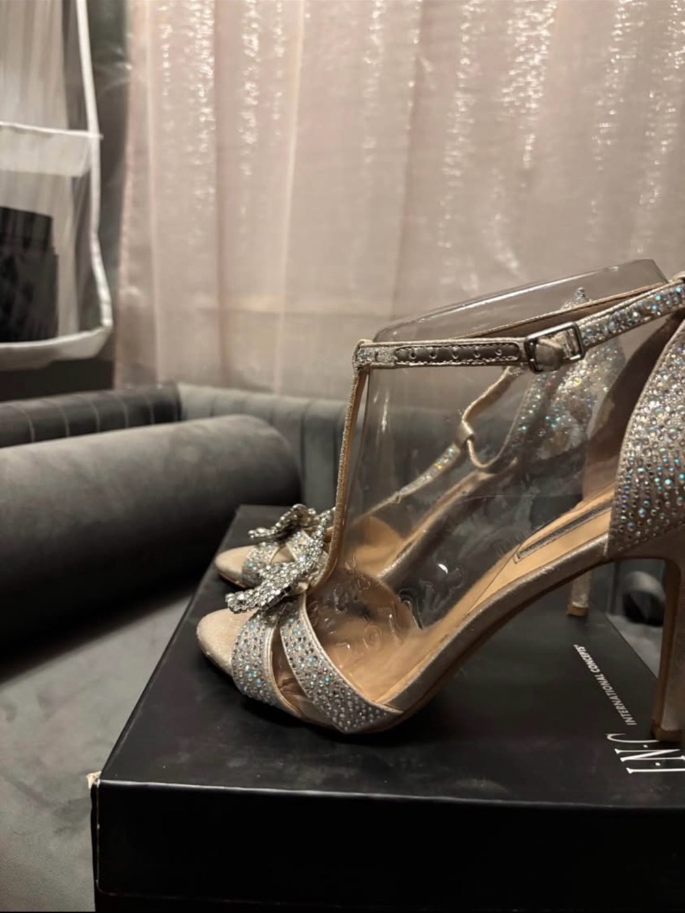 INC International Concepts Glitter Champagne T-Strap Heels with Crystal Bow - Picture 2 of 3